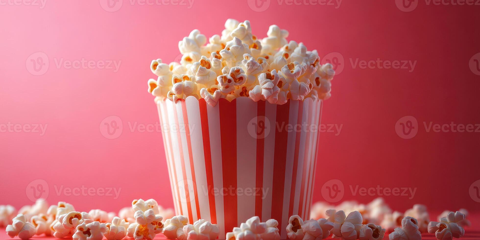Delicious popcorn overflowing from a striped container against a vibrant red background photo