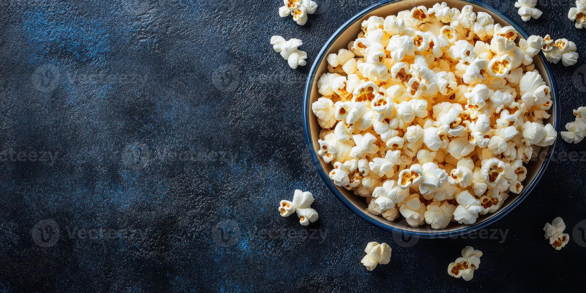 Bowl of freshly popped popcorn on a dark textured surface ready for a movie night photo