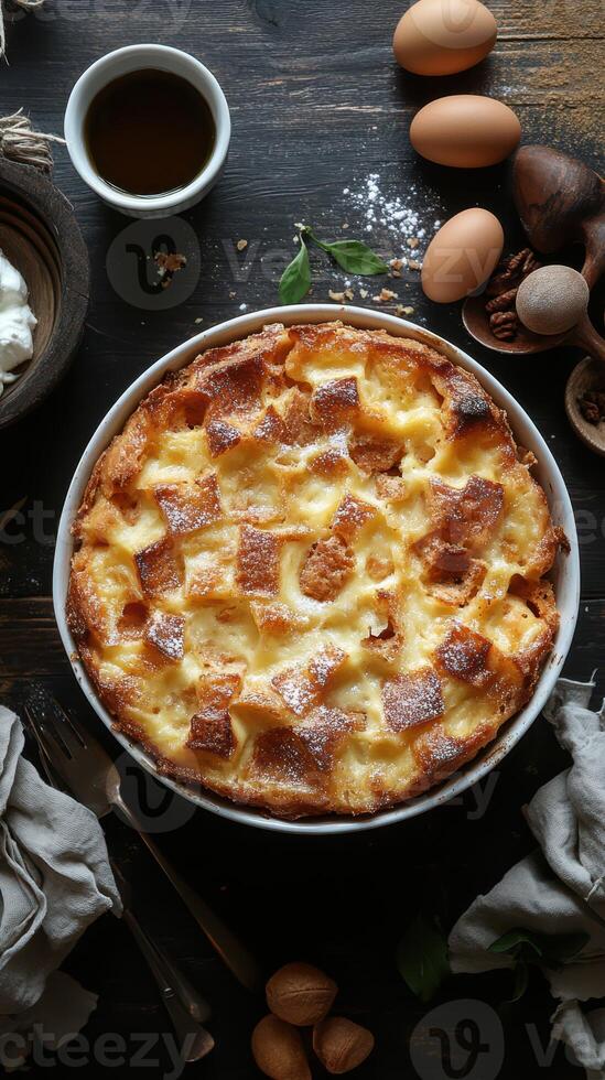 Delicious homemade bread pudding with eggs and spices on a rustic wooden table photo