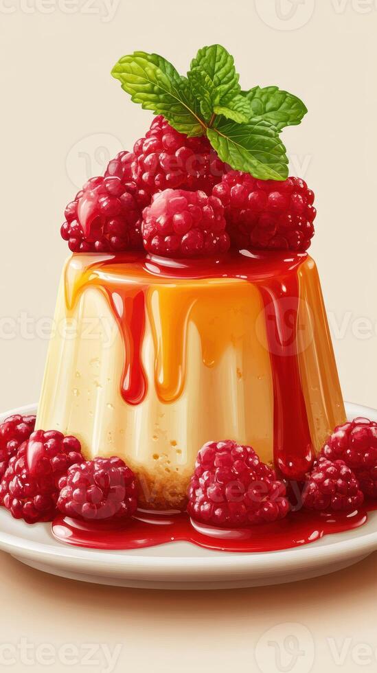 Creamy dessert topped with fresh raspberries and caramel sauce delights the senses photo