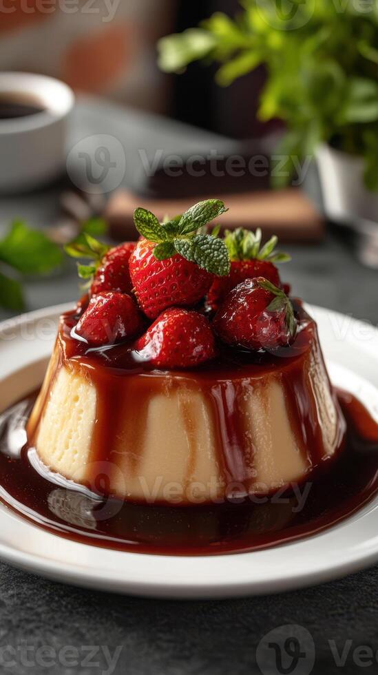 Delicious dessert featuring creamy flan topped with ripe strawberries and drizzled with chocolate sauce, perfect for any occasion photo