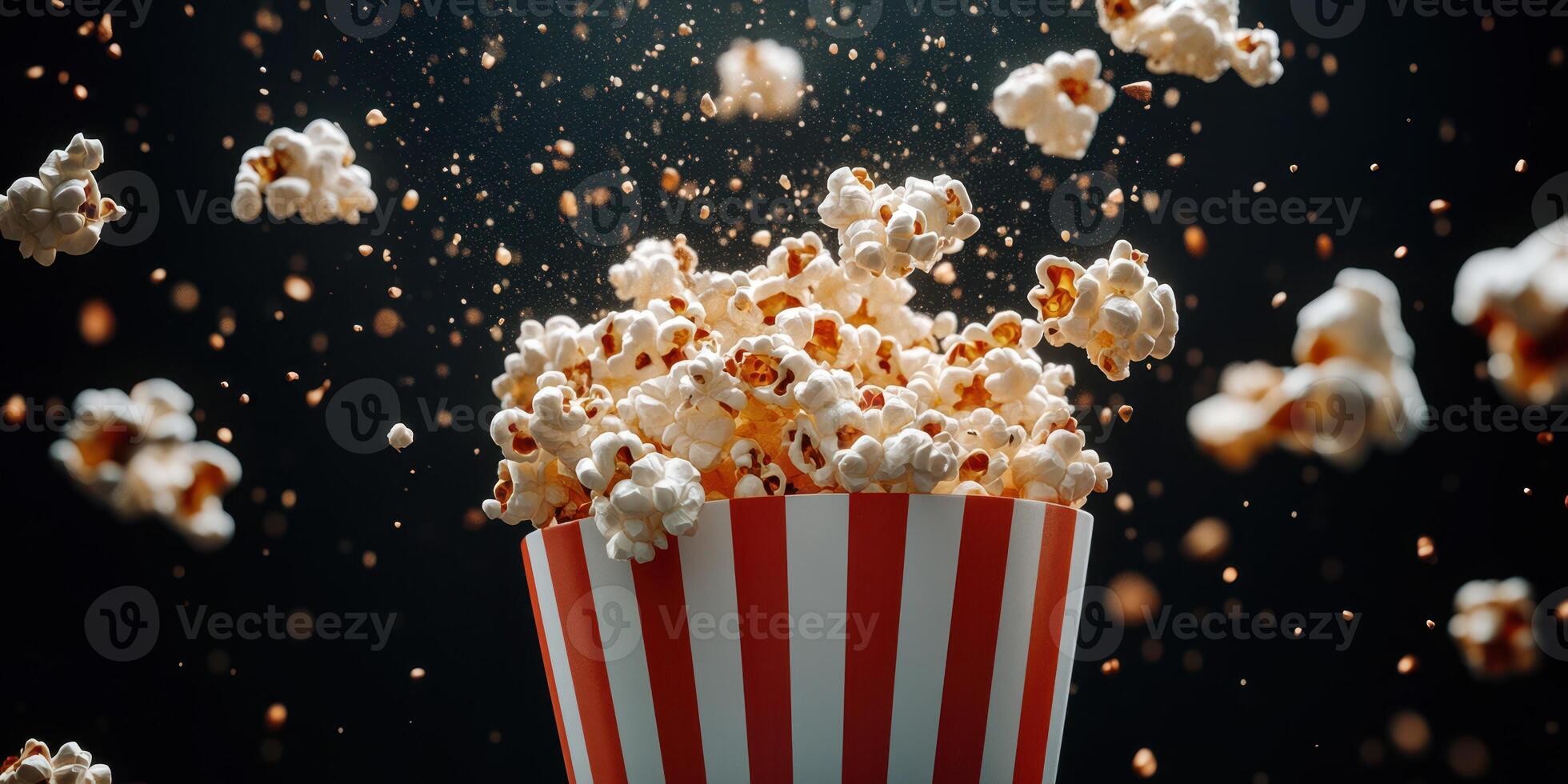 Popcorn bursts from striped bucket in a dynamic display during a movie night celebration photo