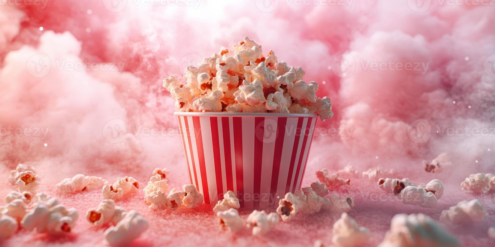 Popcorn bowl sits amid a fluffy cloud of pink mist with scattered pieces around in a whimsical setting photo