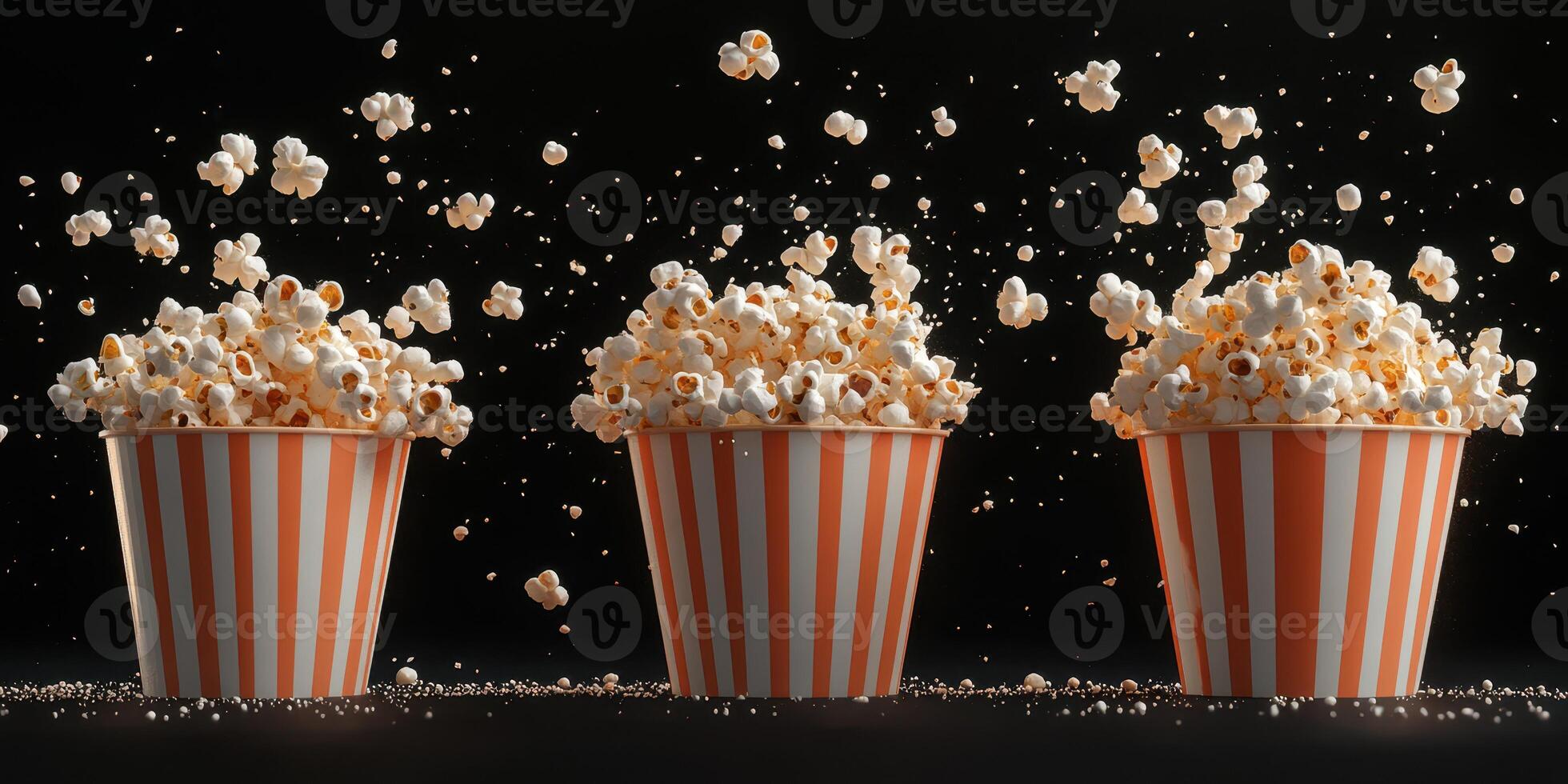 Popcorn kernels burst in the air from striped cups during a fun movie night celebration photo
