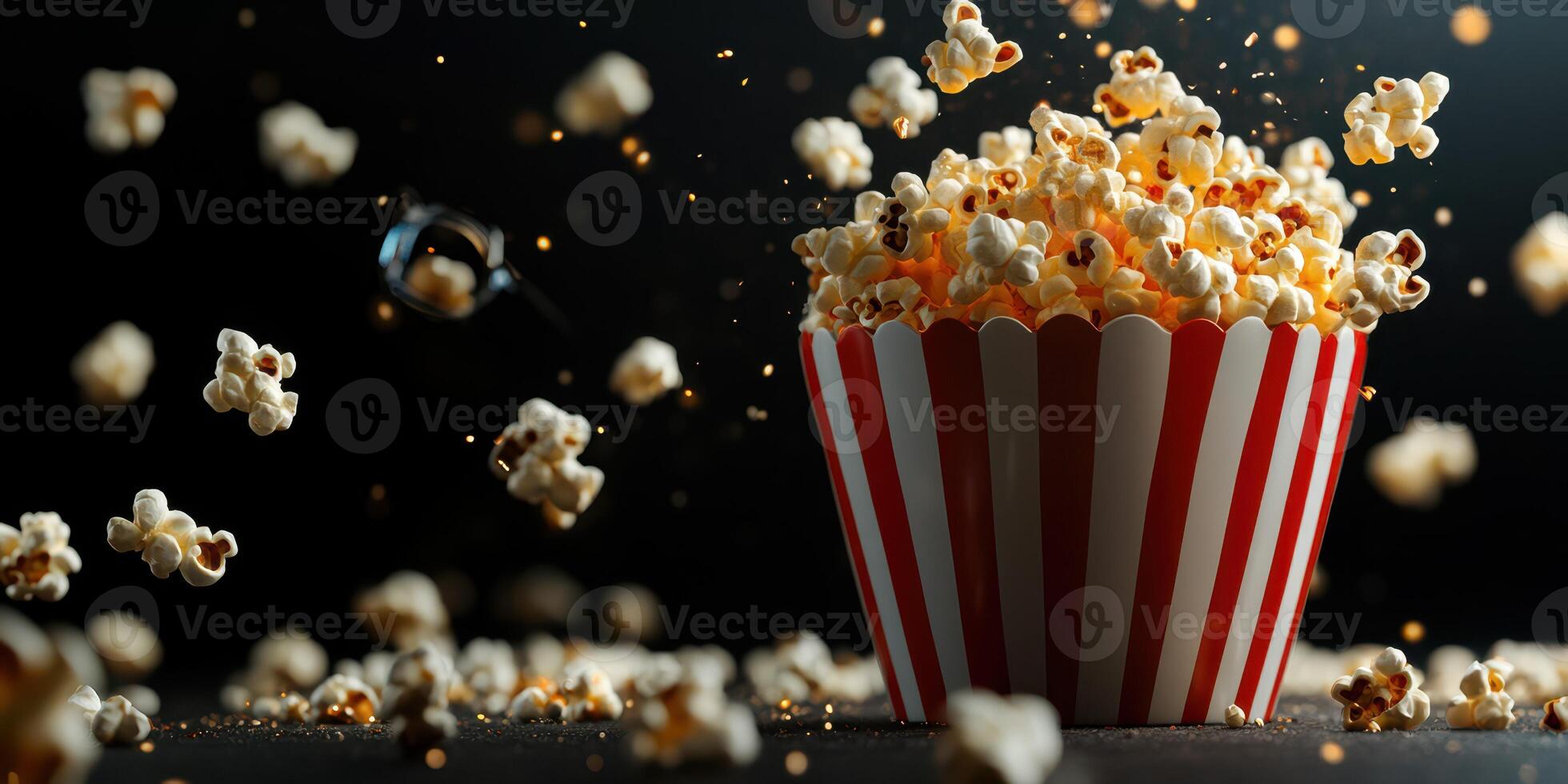 Popcorn bursts into the air from a striped container, creating an exciting snack moment in a dimly lit setting photo