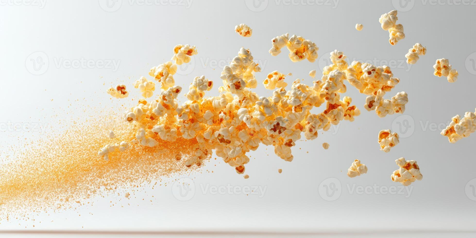 Popcorn bursts into the air creating an explosion of fluffy kernels against a plain background photo