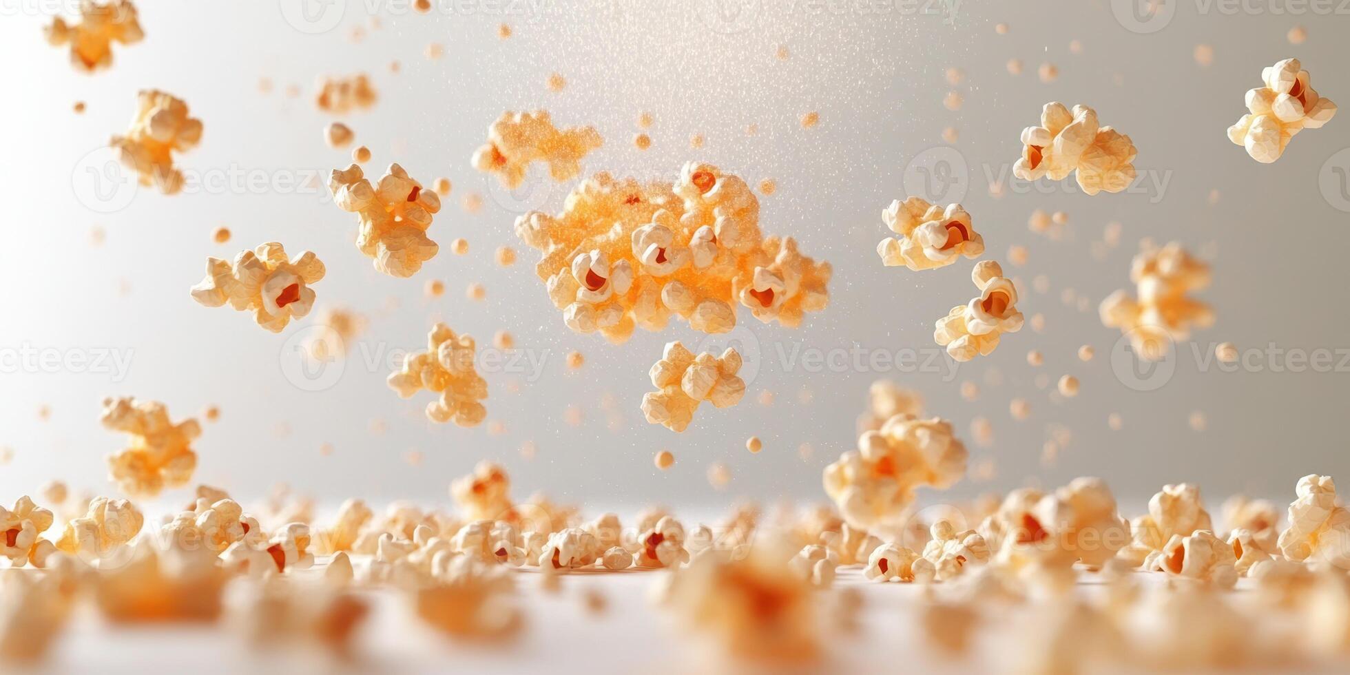 Delicious popcorn bursting into pieces on a bright surface, creating an inviting atmosphere for snack lovers photo