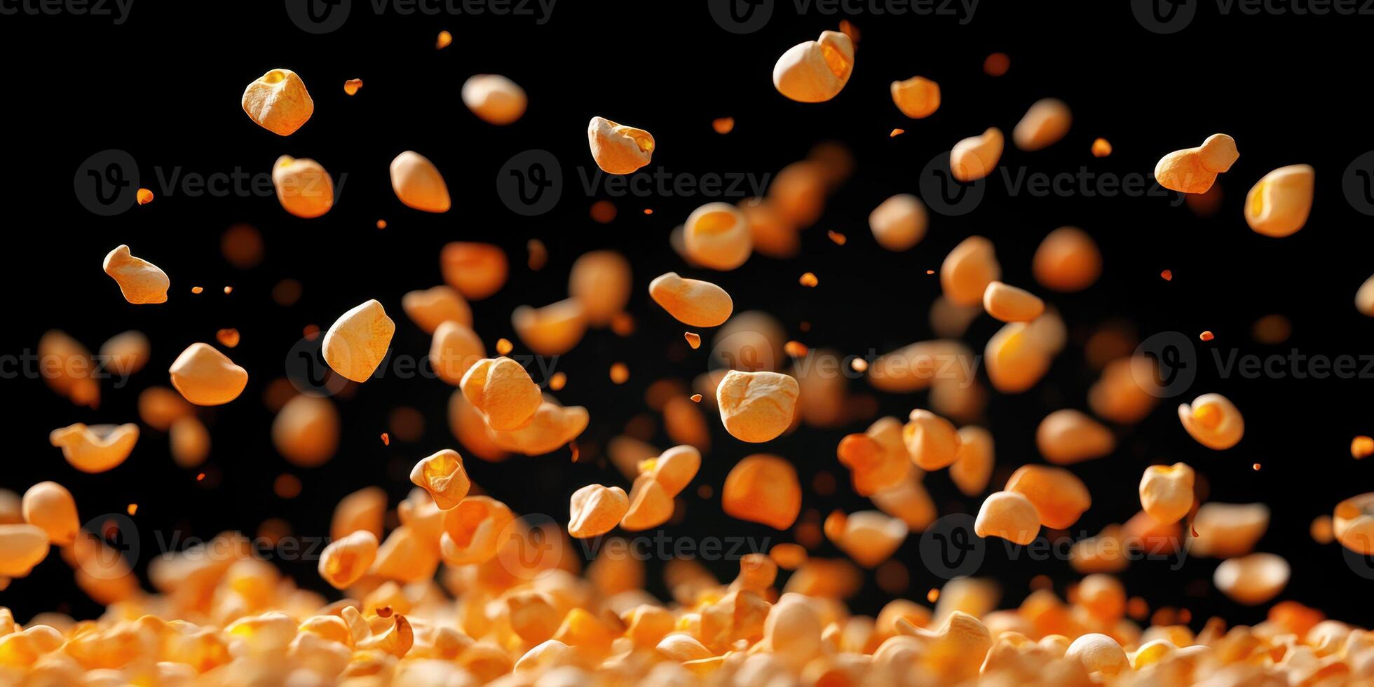Vibrant orange corn kernels scattered against a dark background creating a playful and dynamic display photo