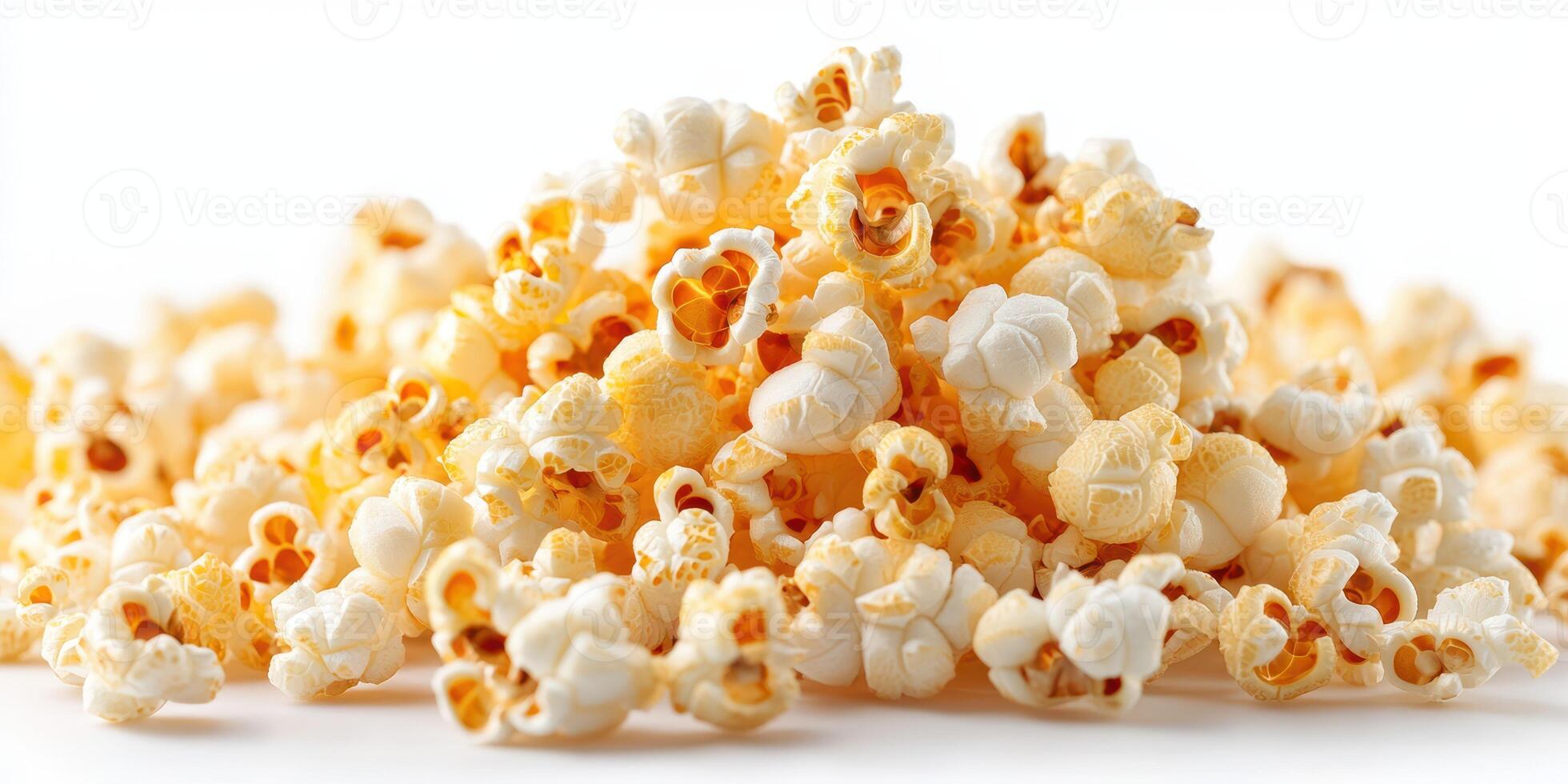 Freshly popped corn piled on a clean white surface, showcasing its fluffy, golden texture perfect for snacking photo