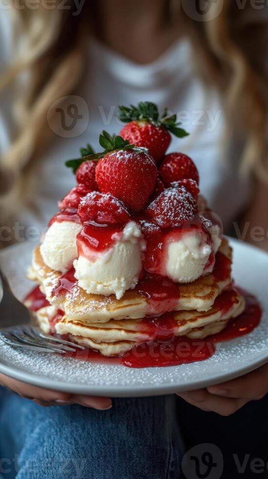 Stack of fluffy pancakes topped with strawberries and ice cream presented on a plate in a cozy setting photo