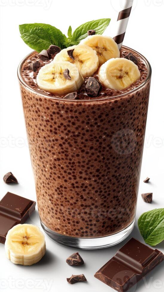 Creamy chocolate banana smoothie with fresh toppings and dark chocolate pieces photo