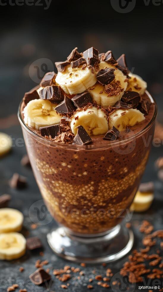 Delicious chocolate dessert with banana and chocolate chunks served in a glass bowl on a dark countertop photo