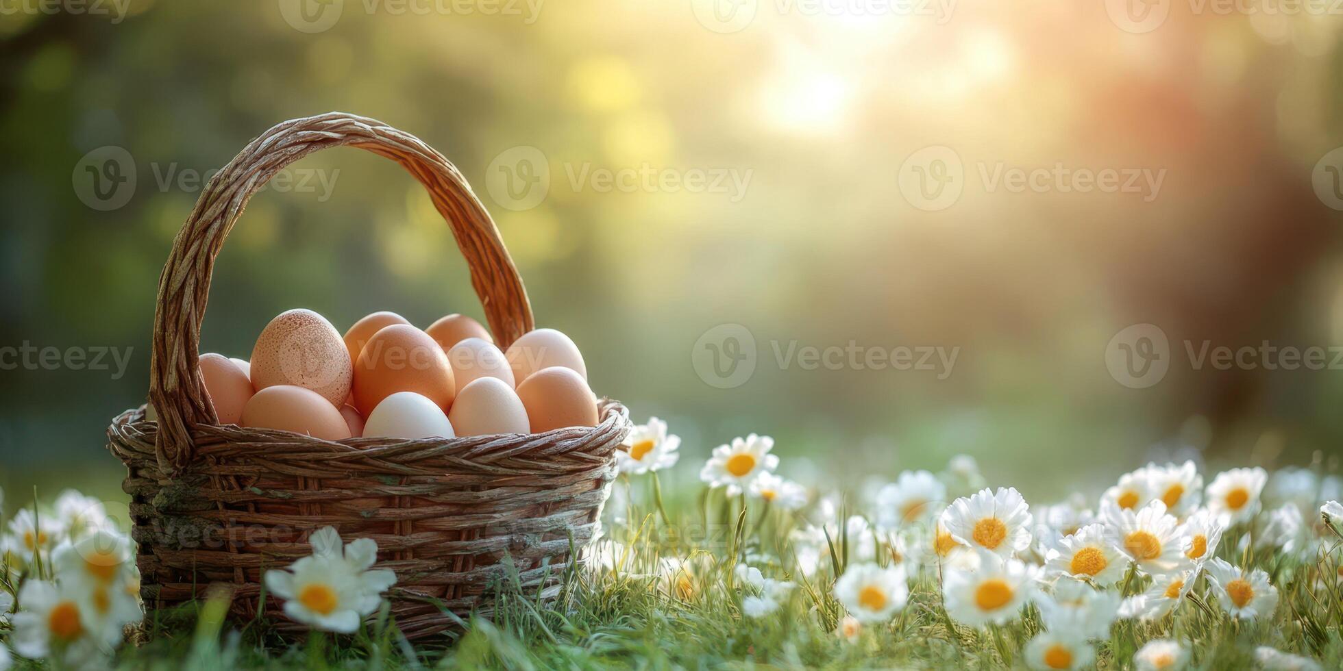Basket filled with brown eggs resting among white daisies in a sunlit garden during springtime photo