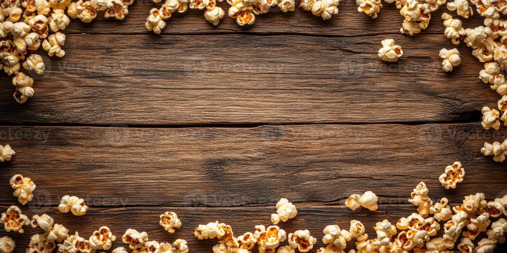Popcorn scattered around wooden table creating a rustic and inviting snack scene for movie nights photo