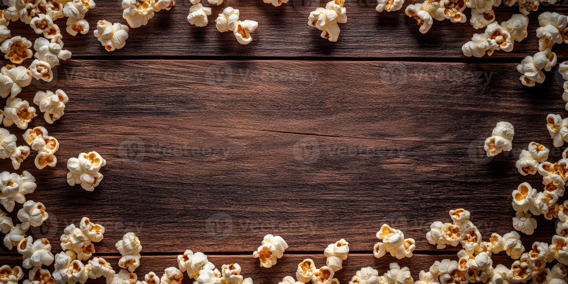 Popcorn scattered around a wooden surface creates a cozy and inviting atmosphere perfect for movie nights photo