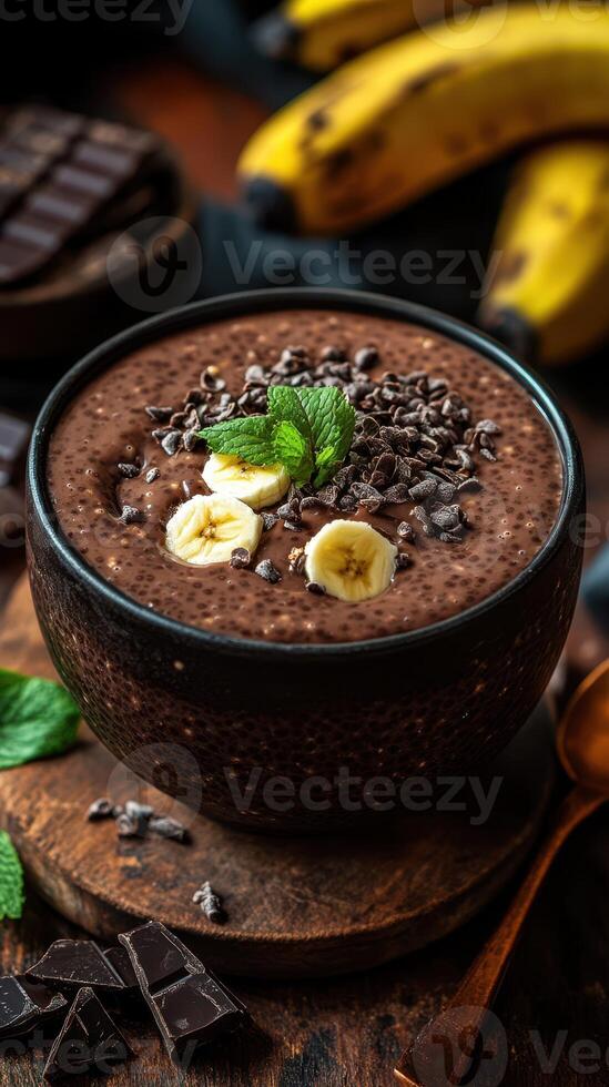 Chocolate banana smoothie bowl topped with mint and chocolate chips between fresh bananas and dark chocolate photo