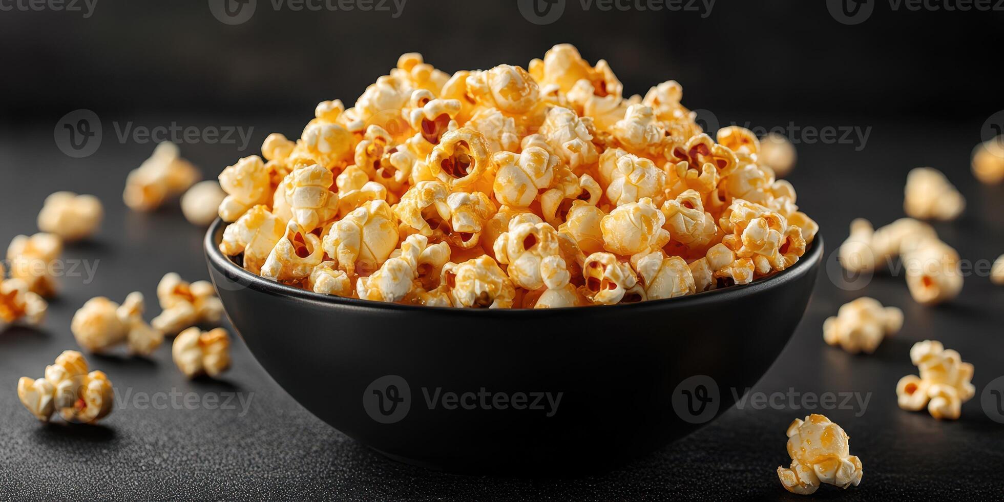 Freshly popped popcorn in a black bowl against a dark textured background with scattered kernels photo