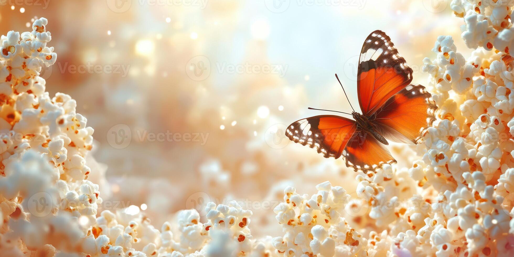 Colorful butterfly resting among blooming flowers in a serene garden during golden hour photo