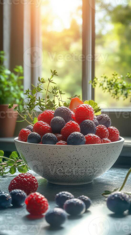 Freshly picked berries arranged in a bowl with vibrant green herbs against a sunlit window backdrop photo