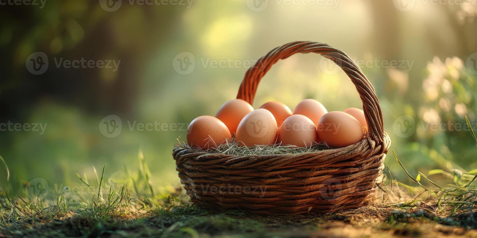 Freshly gathered eggs in a wicker basket resting on grass in a serene outdoor setting during golden hour photo
