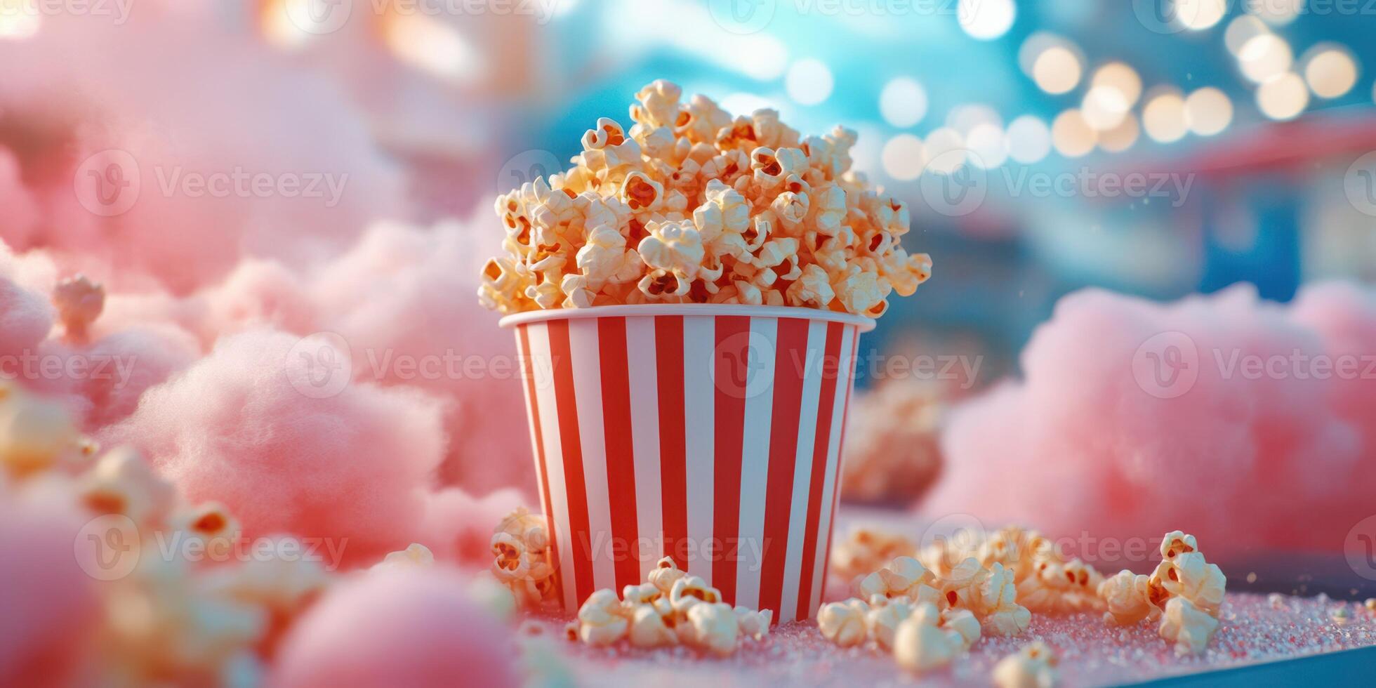Enjoying a delightful treat of popcorn amidst vibrant cotton candy at a lively fairground setting photo