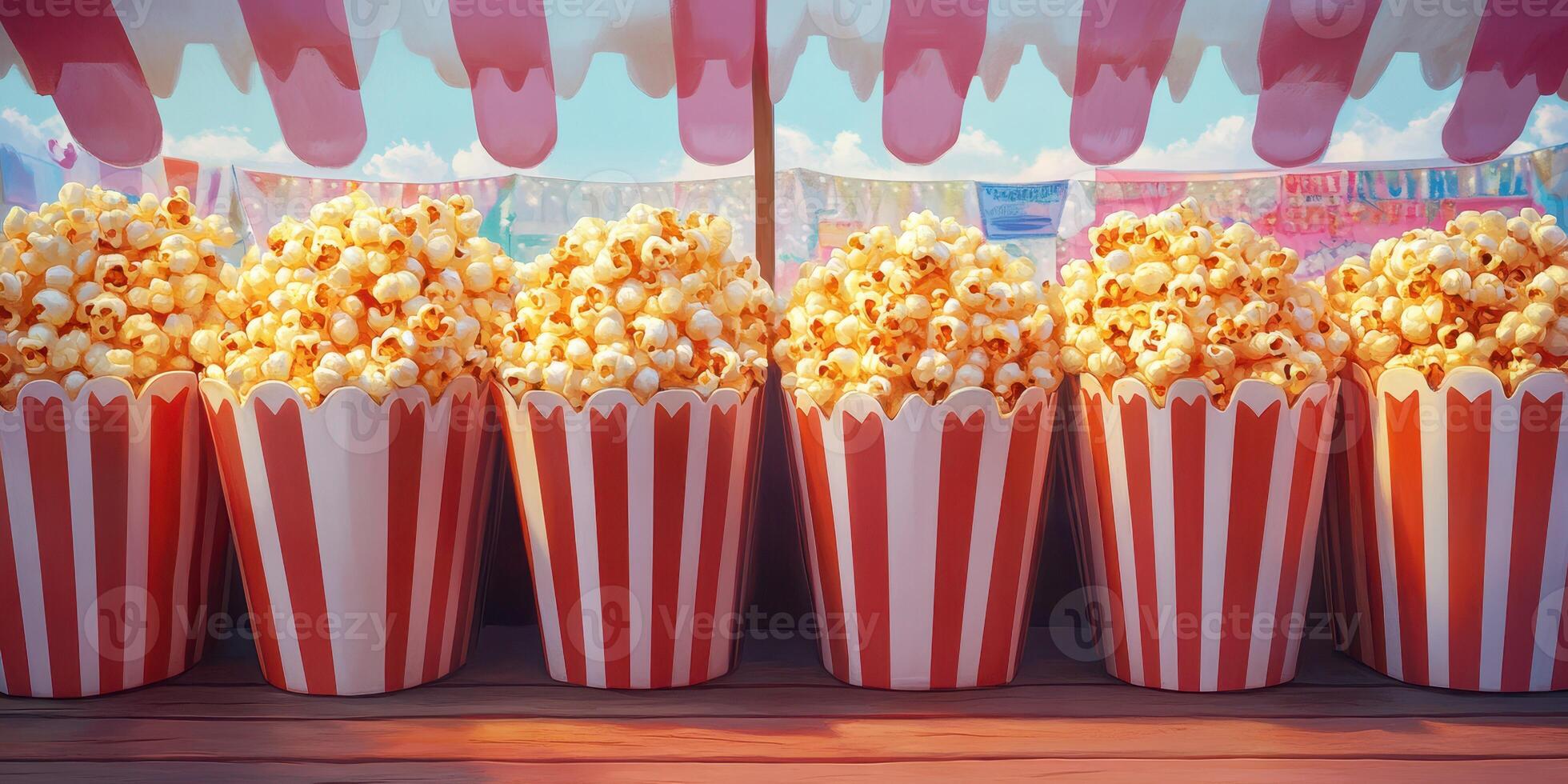 Popcorn stand at a carnival with multiple striped containers filled with fresh popcorn during a bright sunny day photo