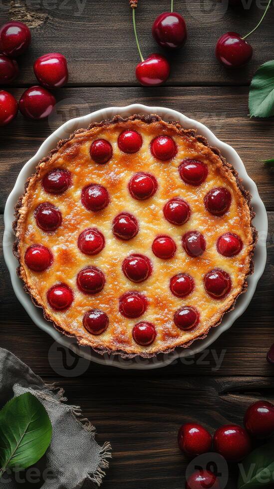 Homemade cherry tart with a golden crust surrounded by fresh cherries on a wooden table photo