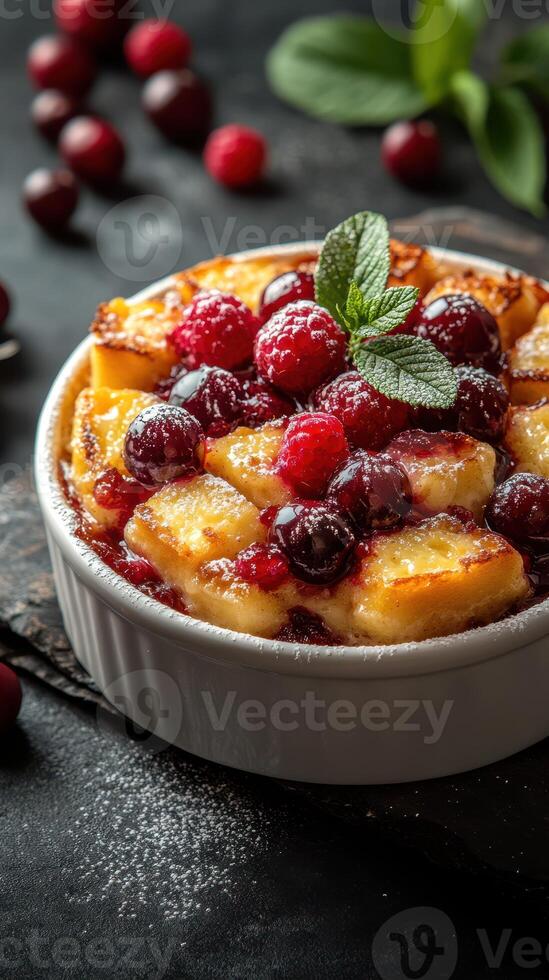 Delicious berry bread pudding with fresh raspberries and cherries garnished with mint photo