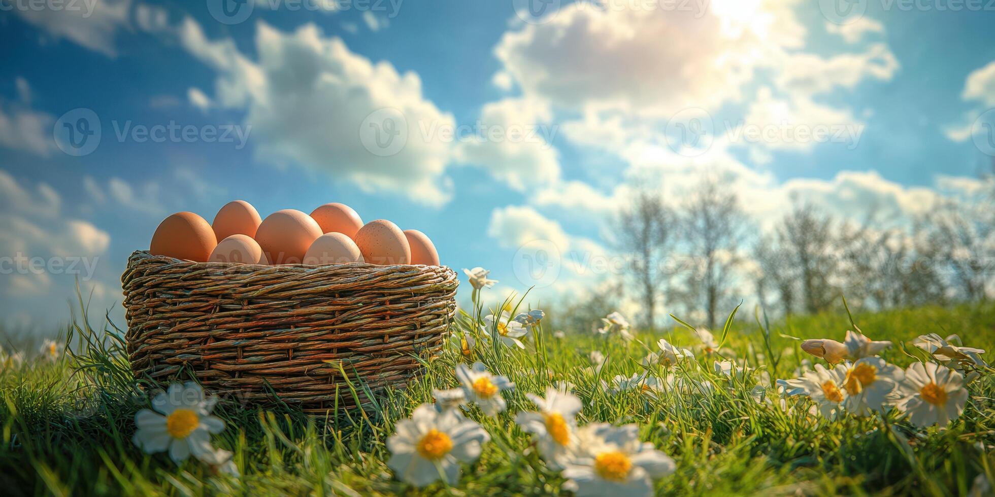 Colorful eggs in a woven basket resting on green grass surrounded by blooming daisies under a bright sky photo