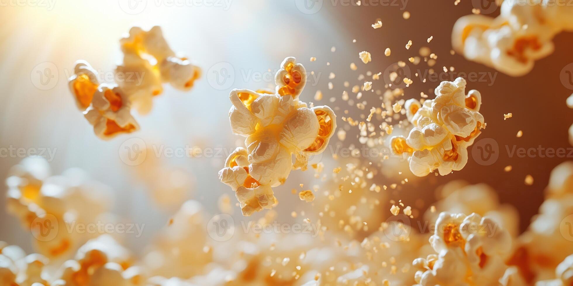 Popcorn kernels bursting in the air during a movie night celebration at home in the evening buzz photo