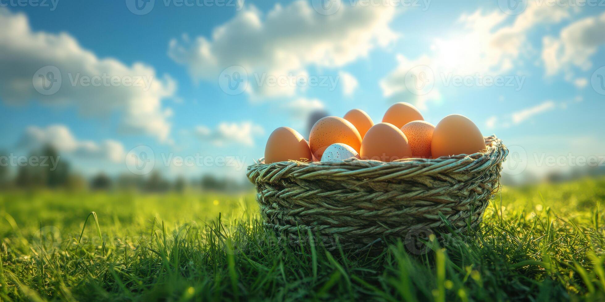 Freshly gathered eggs resting in a woven basket under a bright sky in a green field during the day photo
