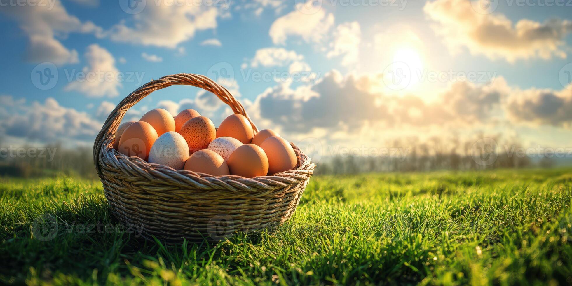 Freshly harvested eggs in a wicker basket on green grass under a bright sky in the early morning photo