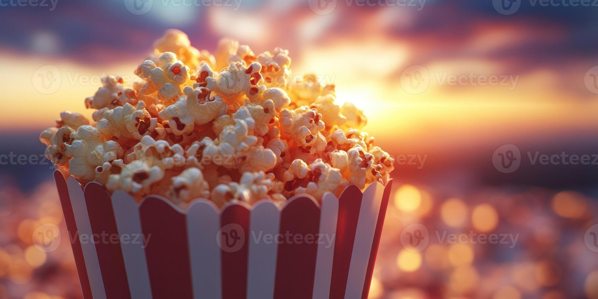 Popcorn in a striped container with a stunning sunset background over a city skyline photo