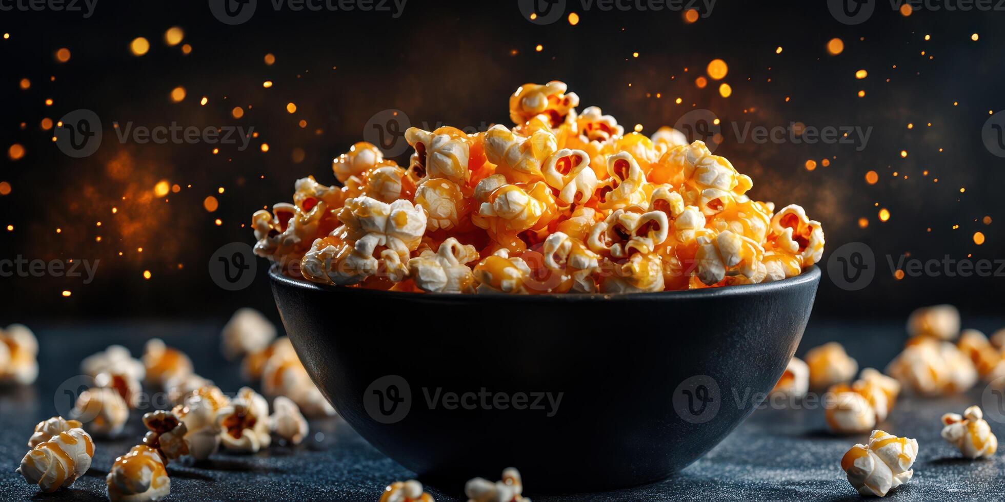 Crunchy popcorn in a black bowl surrounded by scattered kernels on a dark background with golden sparkles photo