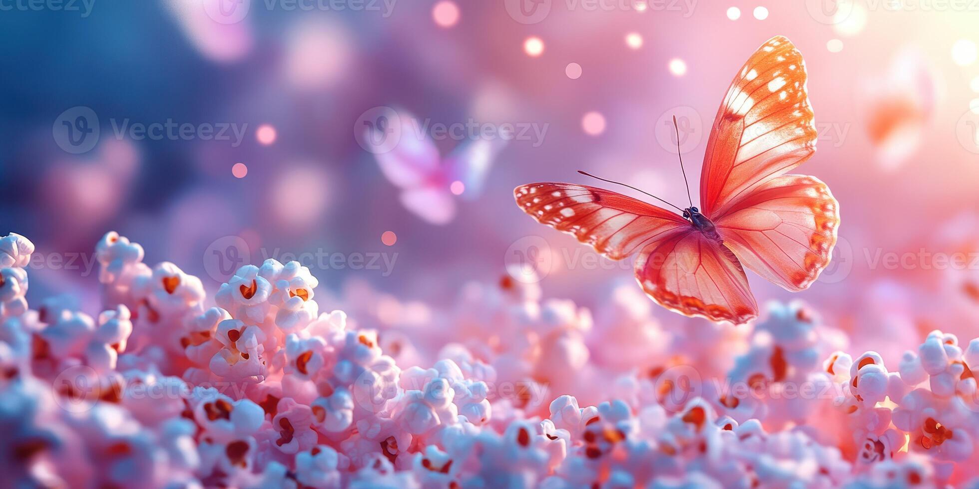 Colorful butterfly resting on a field of blooming flowers under soft sunlight in a tranquil garden setting photo