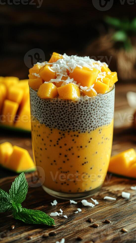 Refreshing mango chia pudding topped with fresh mango and coconut at a cozy kitchen setting photo