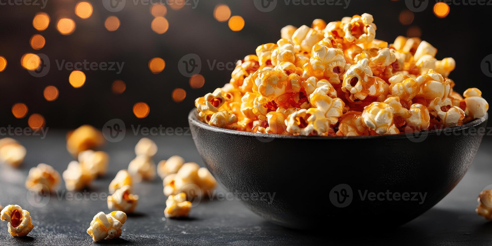 Delicious caramel popcorn served in a dark bowl with a blurred festive background at a cozy gathering photo