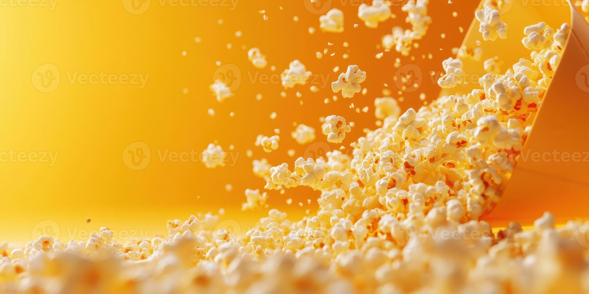 Popcorn spills from a container against a bright yellow background creating a playful atmosphere of fun and enjoyment photo