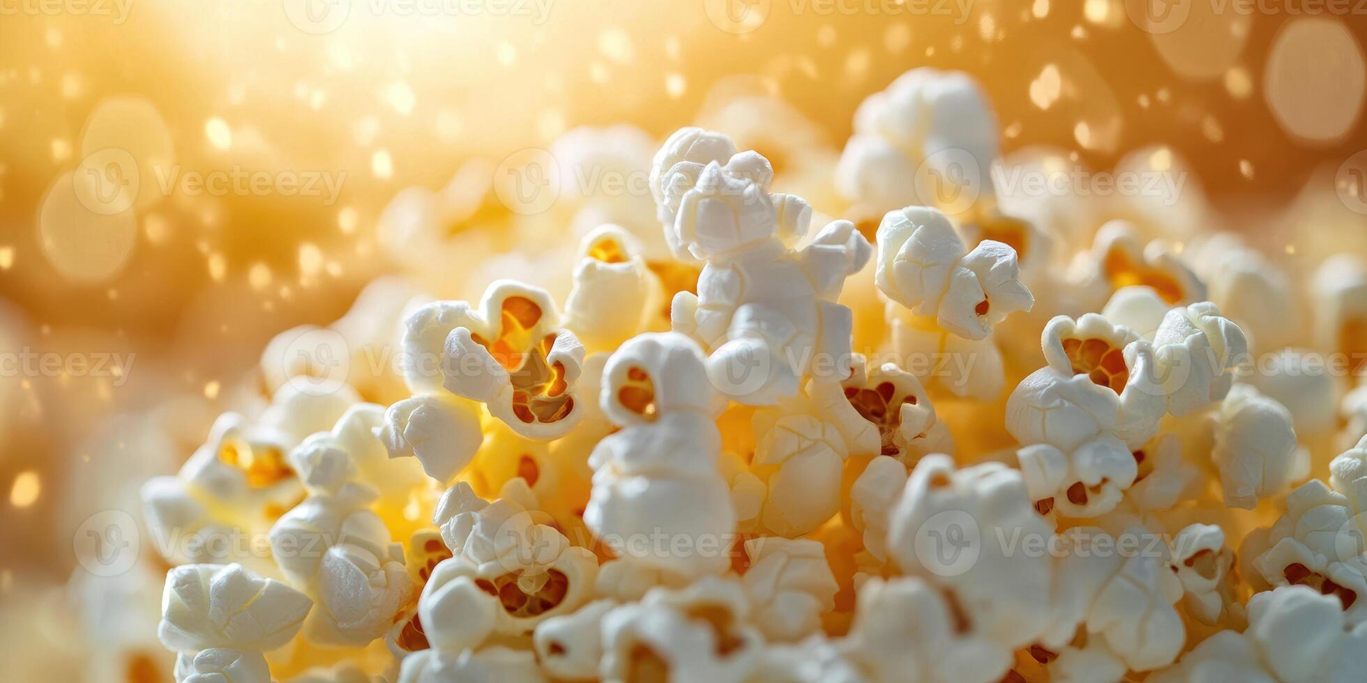 Freshly popped popcorn glistens under warm lighting with a bokeh background enhancing its fluffy texture photo