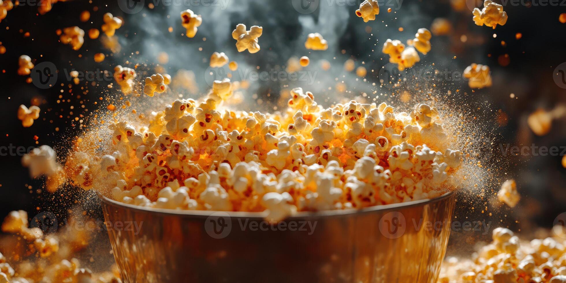Freshly popped popcorn overflowing from a metallic bowl creating a delightful cloud of steam and flavor photo