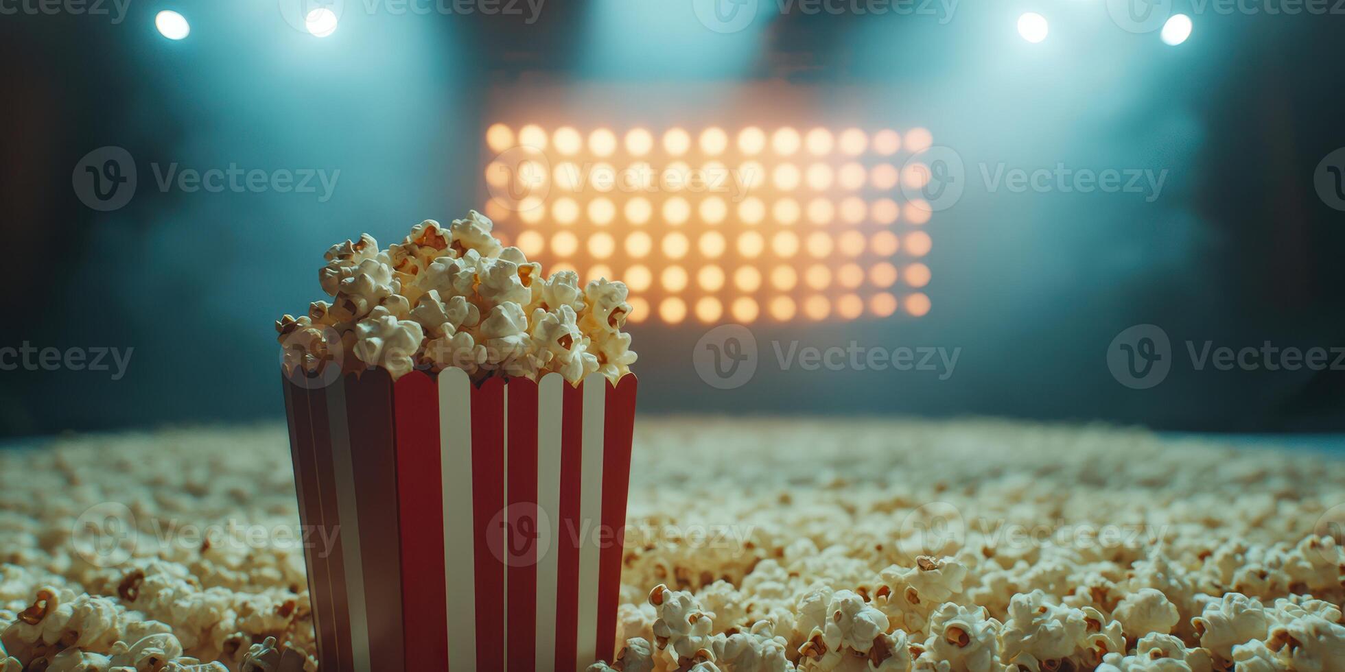 Popcorn overflowing in a colorful container on a cinema floor with dramatic lighting creating a lively atmosphere photo
