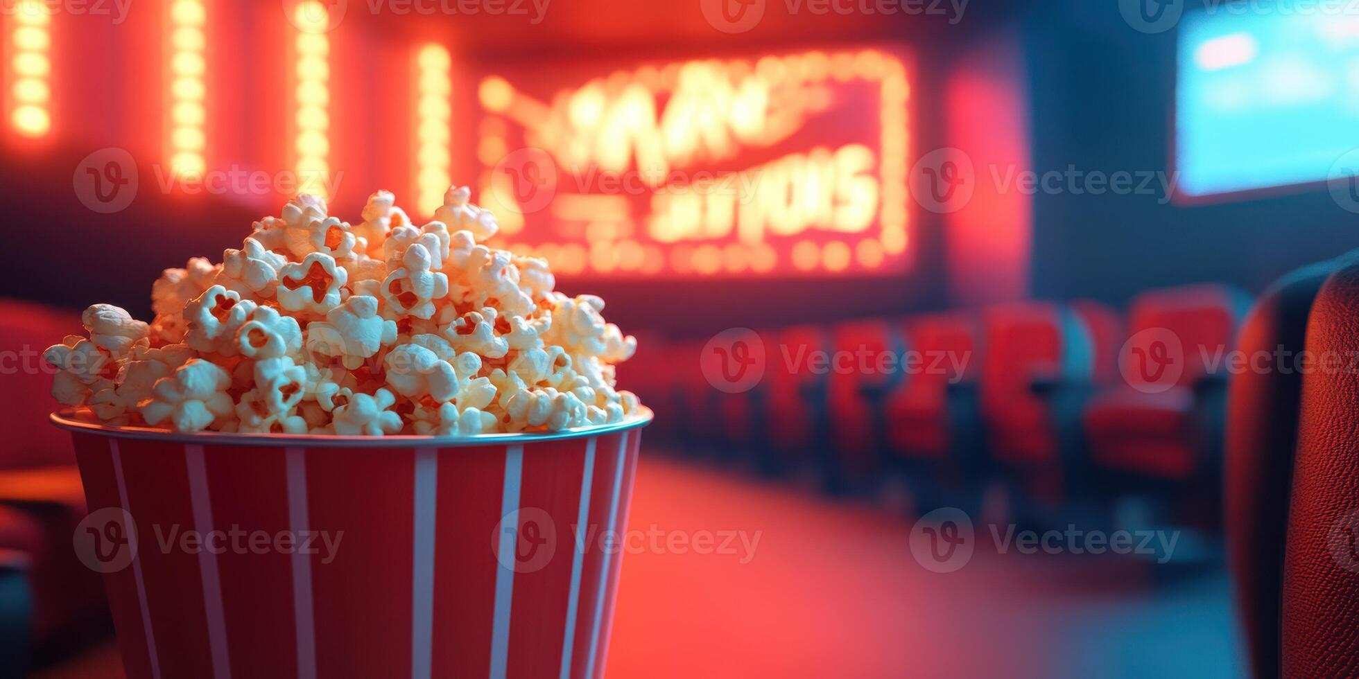 Popcorn sits in a red and white striped bucket at a movie theater with a brightly lit backdrop photo