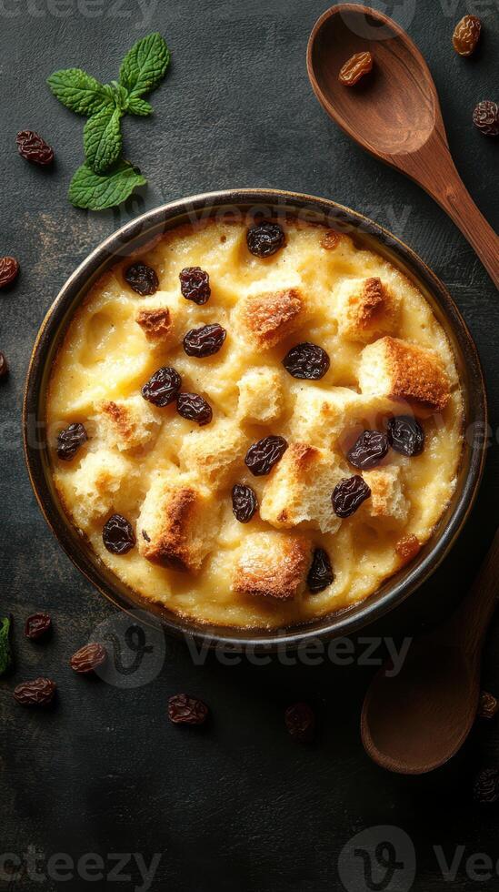 Delicious homemade bread pudding with raisins and mint garnish prepared in a rustic kitchen setting photo