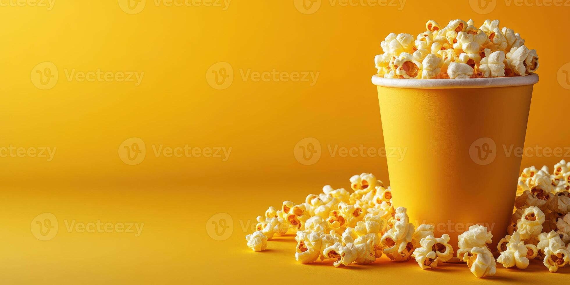 Freshly popped popcorn in a bright yellow cup with scattered kernels on a yellow background photo