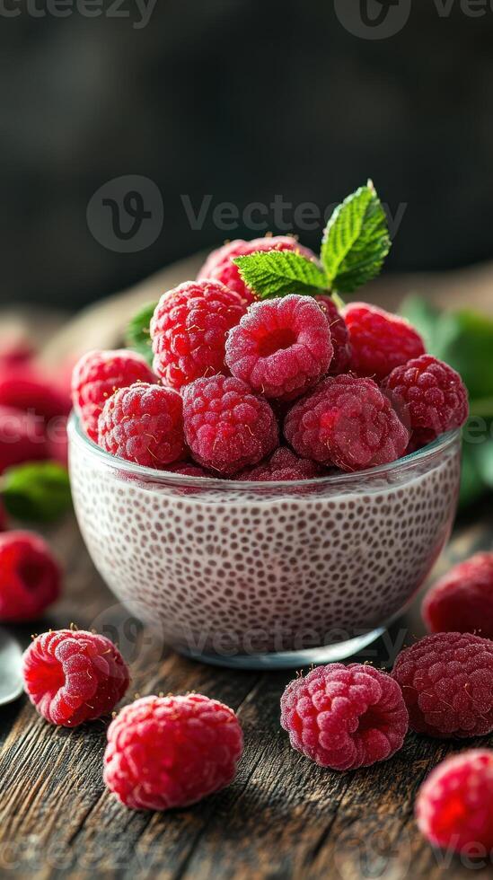 Chia pudding topped with ripe raspberries and mint served on a rustic wooden table photo