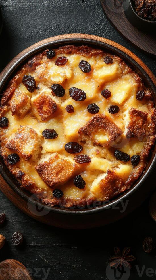 Delicious bread pudding with raisins served in a rustic dish on dark wooden background photo