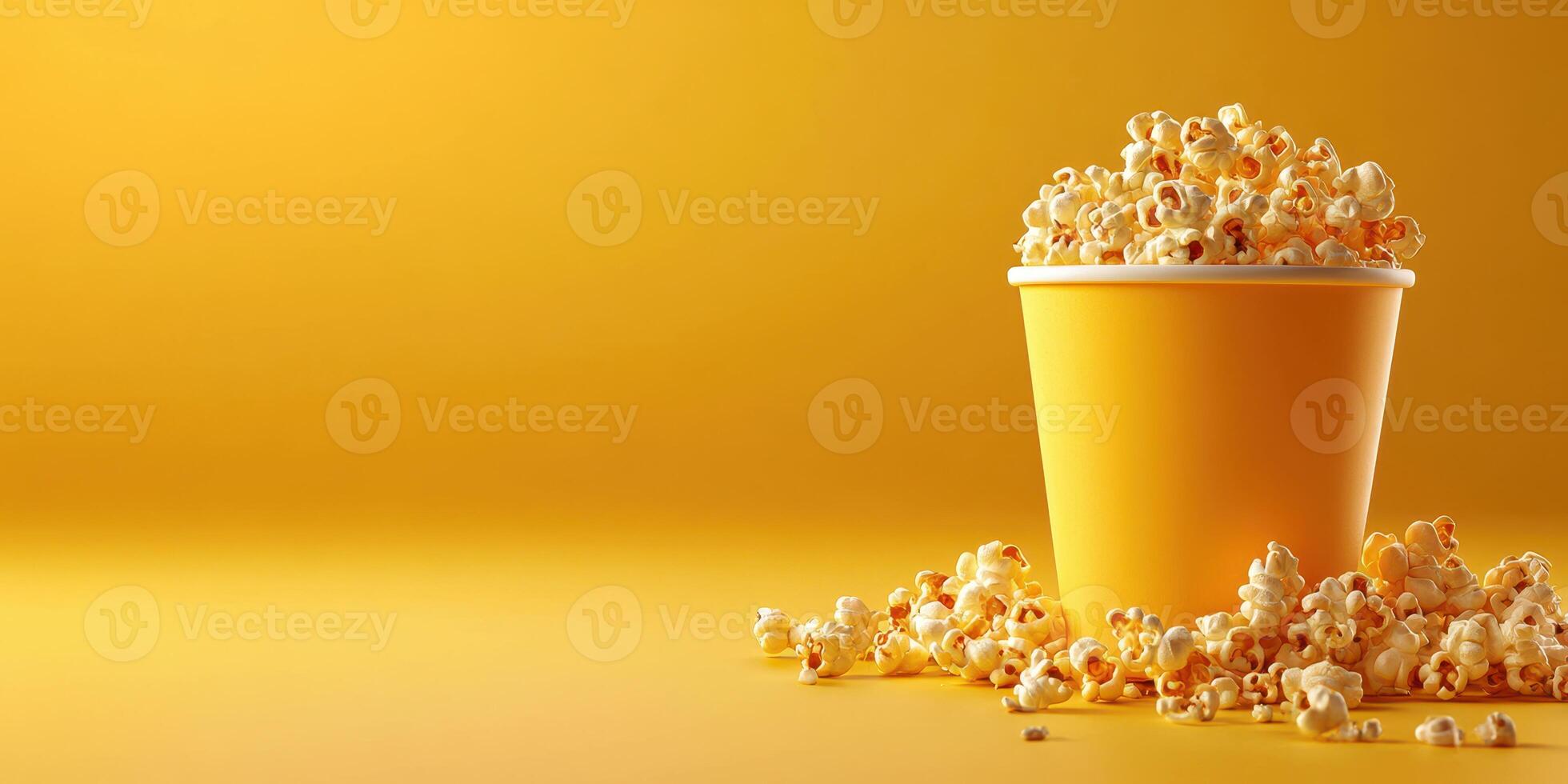 Enjoying popcorn in a bright setting with a classic yellow cup and scattered pieces on a vibrant background photo