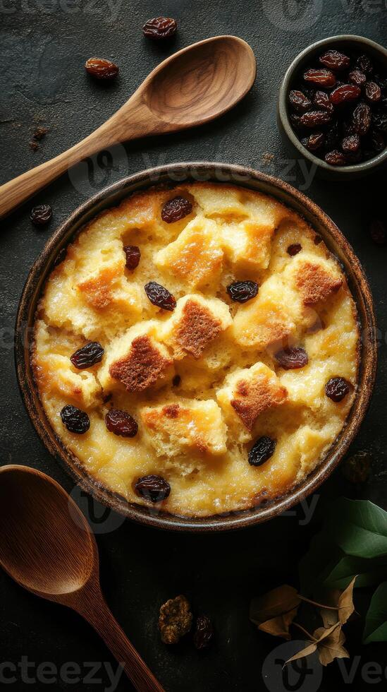 Delicious bread pudding served in a rustic bowl with raisins, garnished with wooden utensils and fresh ingredients photo