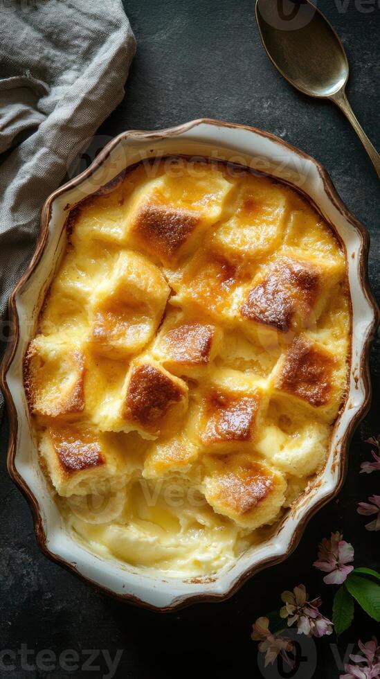 Delicious baked dessert with a golden crust and soft center made from bread and custard served with a silver spoon photo