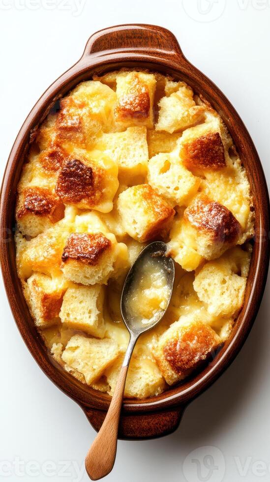 Delicious bread pudding with caramelized top served in a rustic dish ready for dessert enjoyment photo